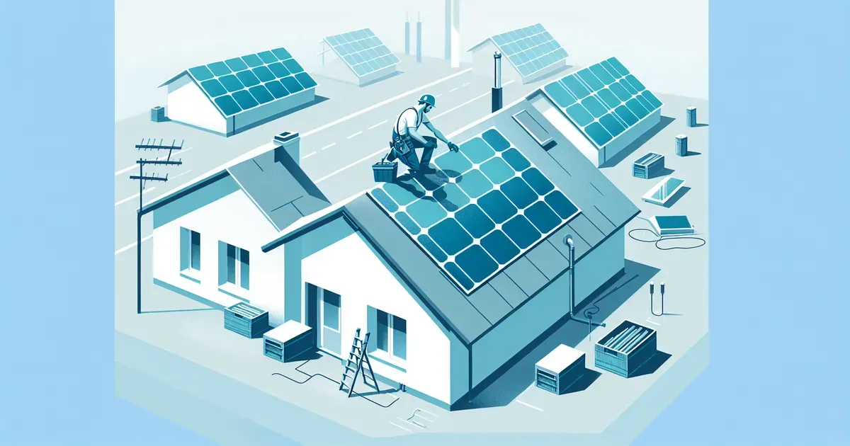 Tetto residenziale con pannelli fotovoltaici e operaio che installa nuovi moduli per ampliamento