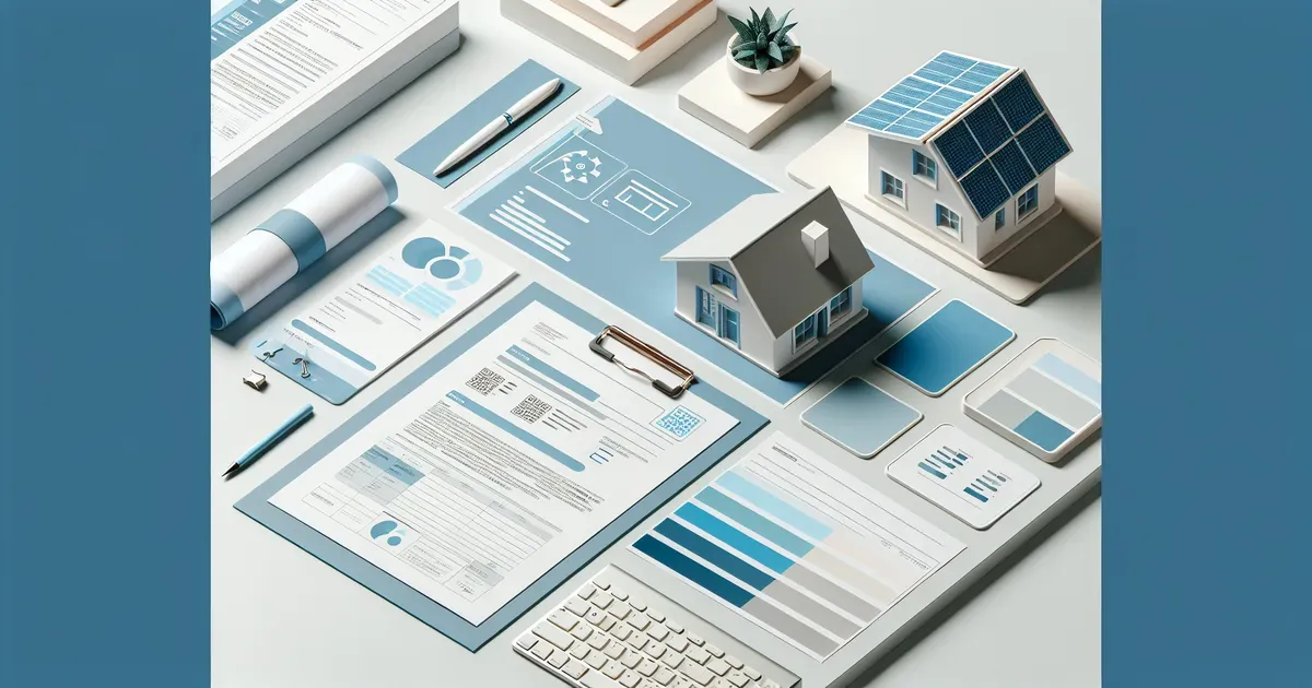 Scrivania con documenti, moduli compilati e un modellino di casa con pannelli solari