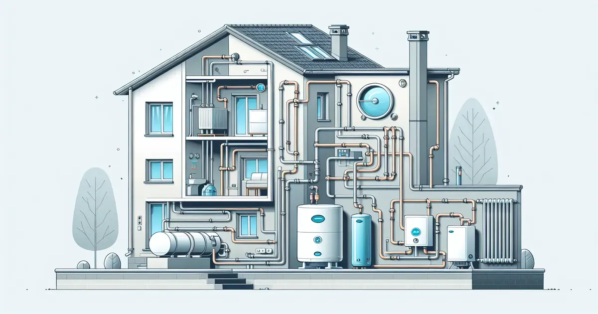 Schema di un impianto ibrido con pompa di calore e caldaia in una sezione di abitazione