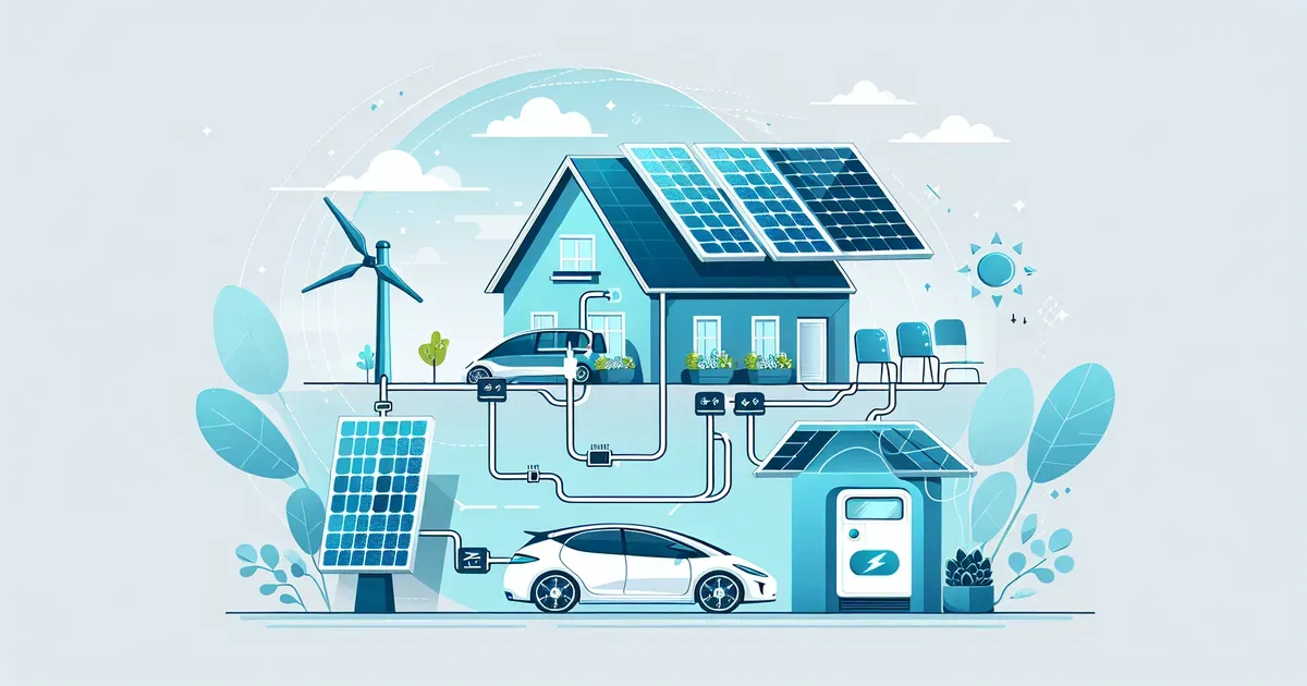 Auto elettrica collegata a una casa con flusso bidirezionale di energia e pannelli solari sul tetto