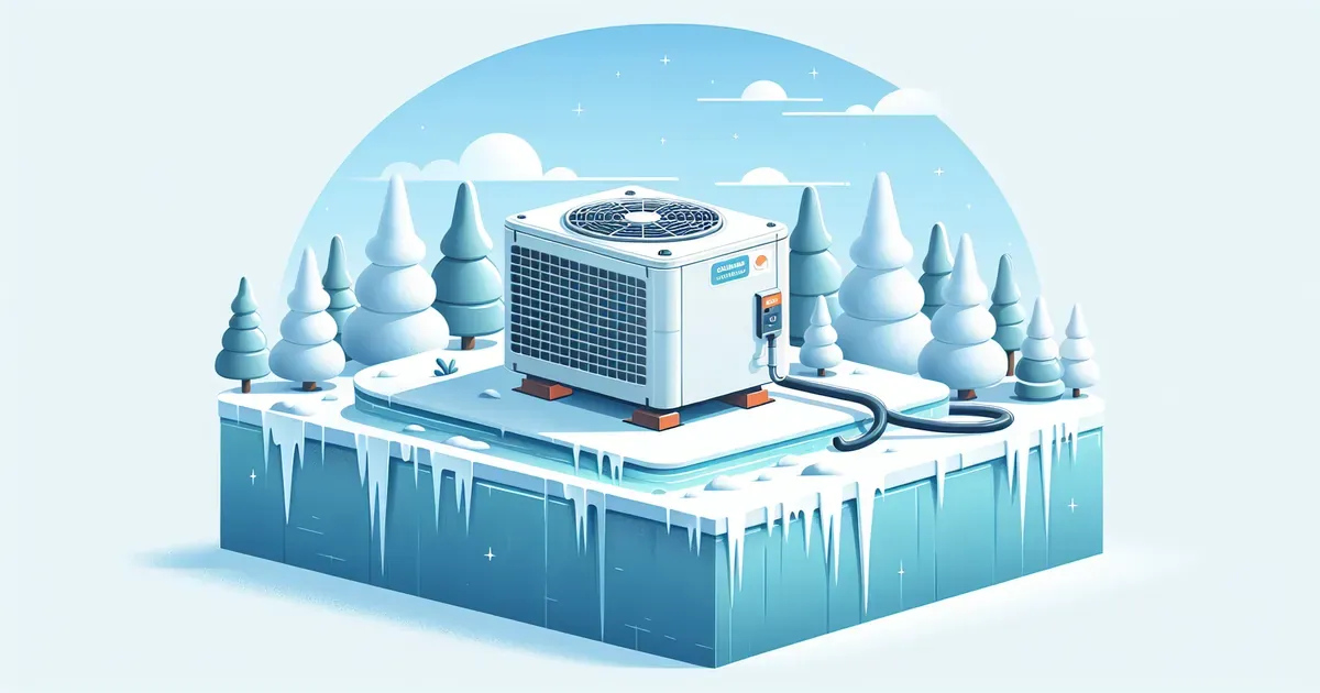 Unit&agrave; esterna di una pompa di calore in un paesaggio invernale con neve e gelo