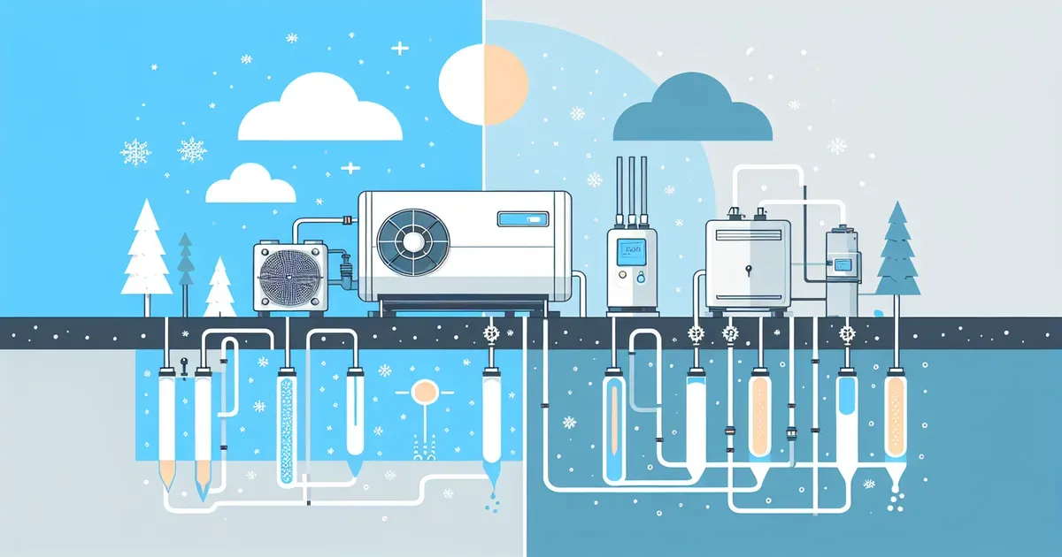 Schema comparativo tra pompa di calore geotermica con sonde nel terreno e pompa aerotermica con unit&agrave; esterna