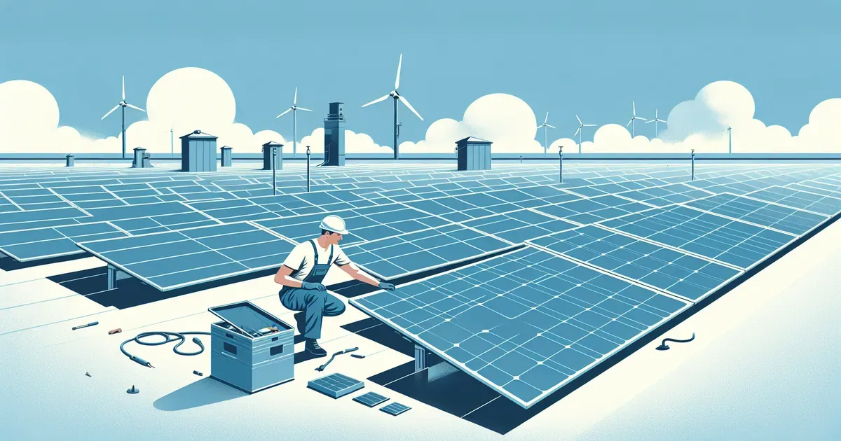 Pannelli fotovoltaici datati su un tetto con segni di usura e un tecnico che esegue controlli