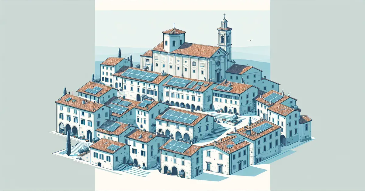 Borgo storico italiano con tetti in cotto e un impianto fotovoltaico integrato